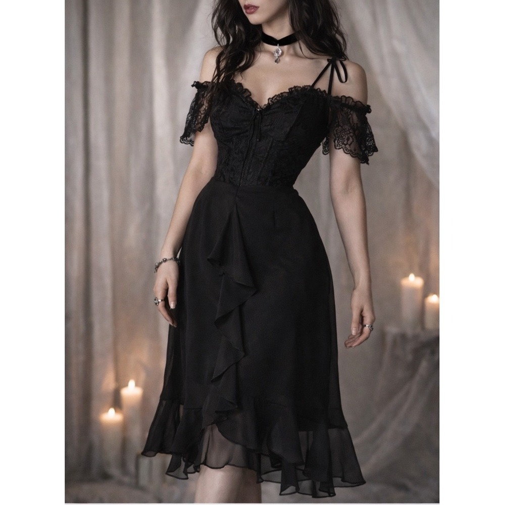 Vintage La Nuit Black Sheer Ruffle Goth Fairy Skirt‎ Whimsigoth